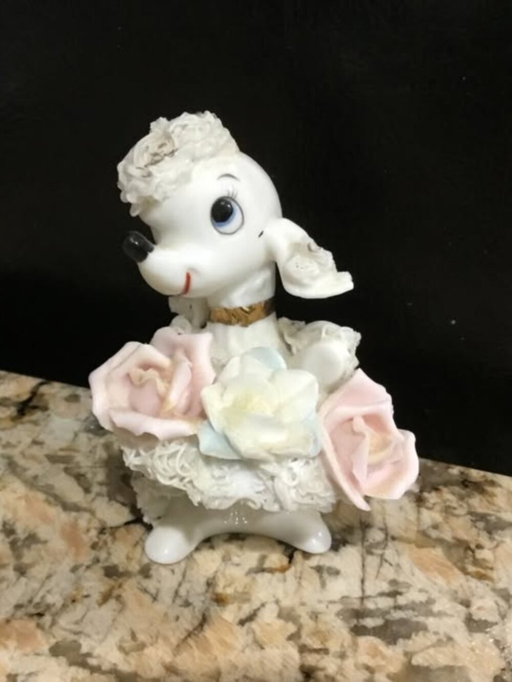 Vintage Japan Spaghetti Poodle Figurine Holding Dish of Flowers